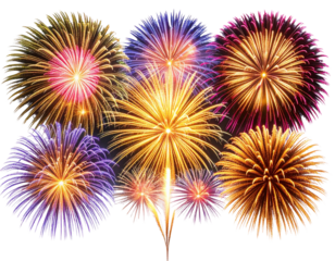 Colorful bursting fireworks in mid-air explosion with spark trails, isolated on transparent background PNG