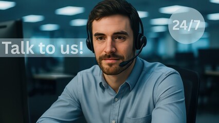 An attentive operator wearing a headset is depicted working at the service desk and is ready to provide customer support. The call center agent is available 24/7. customer support service