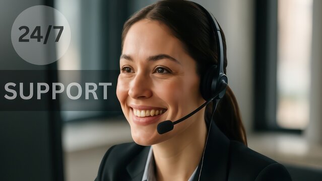 A smiling customer service representative provides around-the-clock support with a headset, embodying helpfulness and efficiency in this dynamic professional setting.