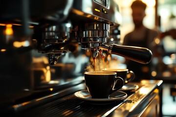 Fresh Espresso Extraction Coffee Shop Warm Light Drink Preparation