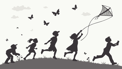 Joyful black and white silhouette of children running and flying a kite on a grassy hill, with butterflies, depicting happy outdoor childhood play and freedom.