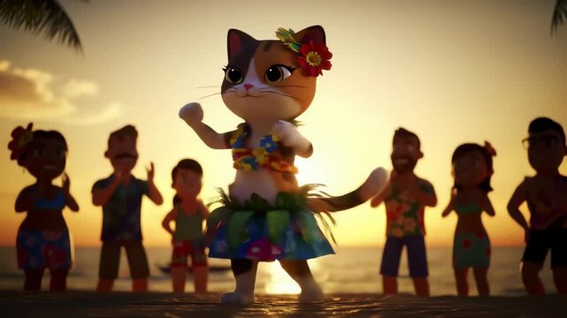 Adorable animated calico cat in a grass skirt hula dancing at a tropical beach party at sunset