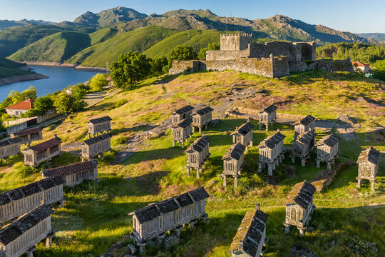 Aerial View of Lindoso Castle and Traditional Granaries in Portugal