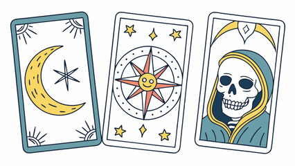 Three simple cartoon tarot cards with celestial moon, sun, compass rose, and grim reaper skeleton designs, perfect for mystic fortune telling and spiritual divination.