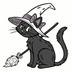 Halloween witch, cat and broom Coloring Page vector illustration
