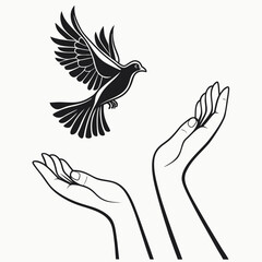Hands Releasing a Bird – Symbol of Freedom and Peace Vector Illustration