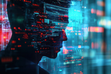 Fototapeta premium Digital silhouette of person surrounded by vibrant data streams and futuristic technology, representing AI powered future