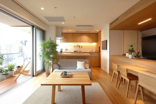 Tiny modern apartment in Japan, sleek wood furniture, cozy vibe