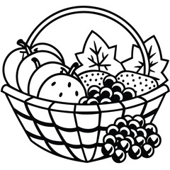 Vector art of a basket overflowing with fresh apples, strawberries, and grapes