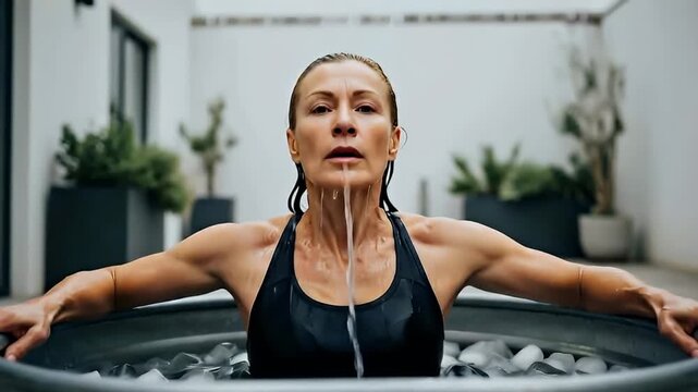 Athletic Woman Takes Cold Plunge Ice Bath for Recovery Outdoor Therapy