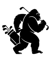 Silhouette of a Gorilla Carrying Golf Clubs in a Bag and Holding One in its Mouth © Razzaque