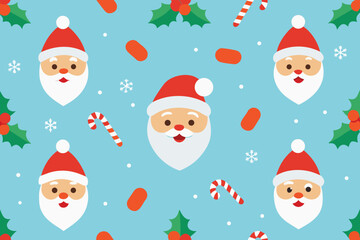 Festive Christmas Pattern Featuring Santa Faces, Candy Canes, Holly Berries, and Snowflakes on Blue