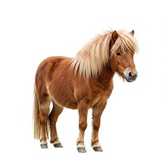 Obraz premium A beautiful brown pony with a flowing blonde mane stands on a white background