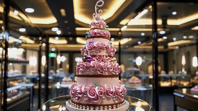 Lavish pink birthday cake with crafted floral decor highlights celebration, festivity, sweetness, craftsmanship, joy, detail, culinary creativity, party magic