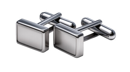 Fototapeta premium A pair of silver cufflinks with a sleek, rectangular design are isolated on transparent background, ideal for adding a touch of class