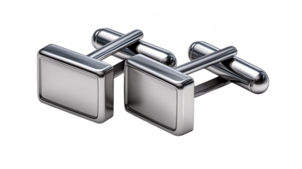 A pair of silver cufflinks with a sleek, rectangular design are isolated on transparent background, ideal for adding a touch of class