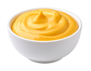 Swirl of cheddar cheese sauce in bowl on transparent background