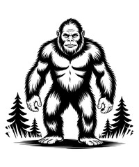Monochrome Bigfoot Silhouette in the Wilderness A Cryptid's Enigmatic Presence Among the Trees