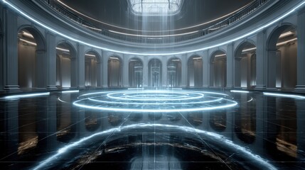 Obraz premium Spacious Room Featuring Circular Floor Design Illuminated by Unique Circular Lighting Creating Atmosphere