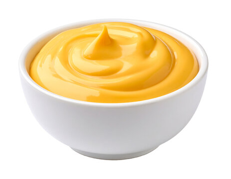 Swirl of cheddar cheese sauce in bowl on transparent background