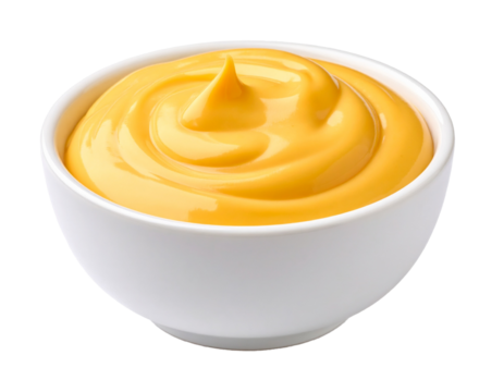 Swirl of cheddar cheese sauce in bowl on transparent background