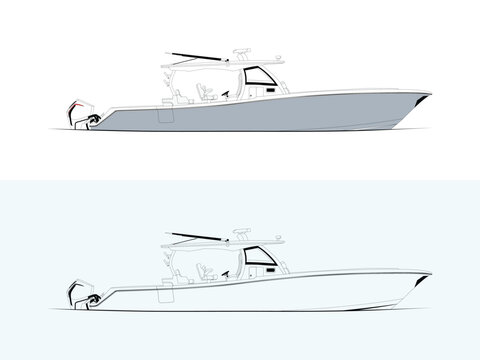 Side view fishing boat illustration and line art.