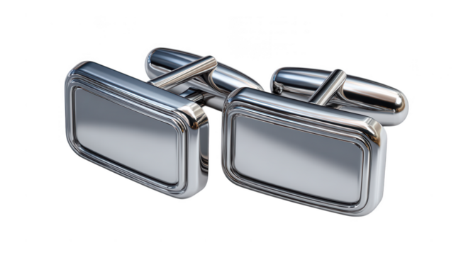 A pair of rectangular silver cufflinks are isolated on transparent background, showcasing a modern and sophisticated design for formal attire