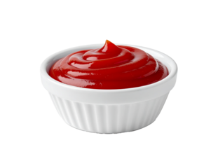 Ketchup swirl in ceramic ramekin on transparent background