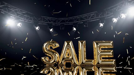 Gold SALE balloons under bright stage lights with flying confetti present retail holiday, event, shopping, focus, excitement, marketing drive, festive energy