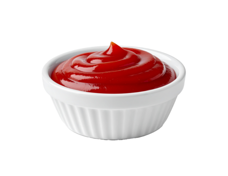Ketchup swirl in ceramic ramekin on transparent background