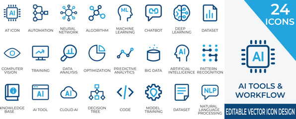 A comprehensive vector icon set featuring AI tools and workflow concepts such as machine learning, neural networks, and data analysis. Perfect for illustrating modern artificial intelligence systems .