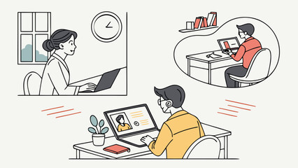 Illustration of three people working remotely using laptops and attending video conference calls