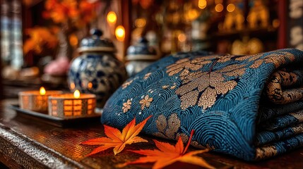 Kimono sleeve with indigo wave patterns near offering table, candles flickering with autumn leaves in soft focus.
