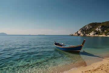 Naklejka premium Traditional Blue Fishing Boat on a Serene Tropical Beach