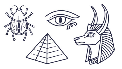Ancient Egyptian symbols line art set featuring a scarab beetle, Eye of Horus, pyramid, and Anubis deity. Black and white outline vector illustration.