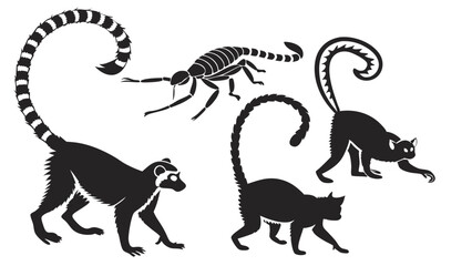Naklejka premium Striking Graphic Black Silhouette Vector Art of Ring-Tailed Lemurs, Small Primates, and a Detailed Exoskeleton Insect Wildlife Illustration