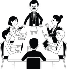 Illustration of a business meeting with people around a table using laptops and documents present