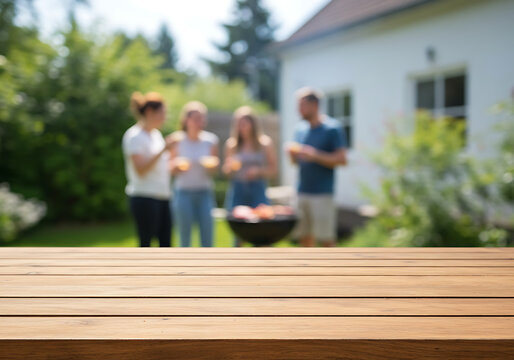 Perfect summer setting: a clear wooden table overlooking a blurred scene of friends enjoying a backyard barbecue.

