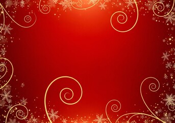 Abstract red background with golden swirls, delicate snowflakes, and shimmering light particles, suitable for festive designs.