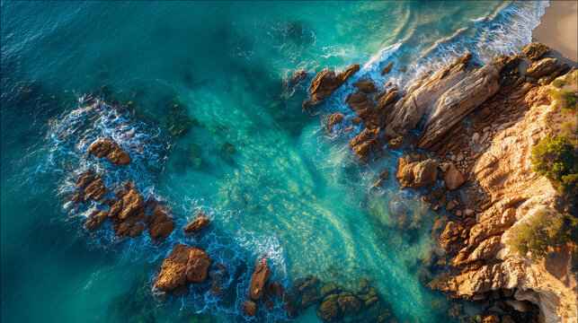 Aerial View of Turquoise Ocean Waves Crashing Against Rocky Coastline, Scenic Coastal Landscape at Sunset - Powered by Adobe