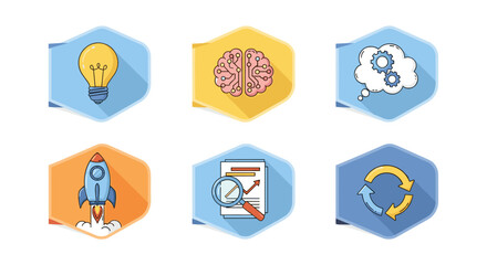 Fototapeta premium Six flat design icons illustrate brainstorming, innovation, and business processes, ideal for presentations or websites needing a modern and clean aesthetic, conveying concepts of ideas,