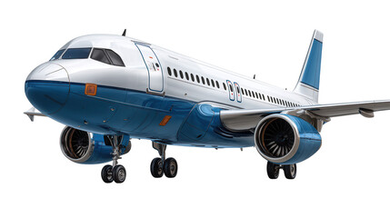 Obraz premium A white and blue passenger airplane isolated on transparent background, ready for flight and representing commercial aviation