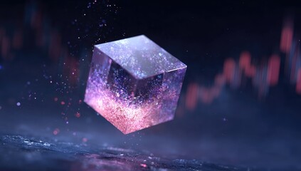 Floating, glowing cube;  sparkling particles