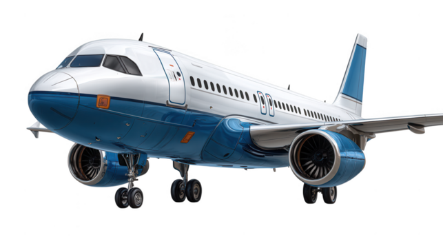A white and blue passenger airplane isolated on transparent background, ready for flight and representing commercial aviation