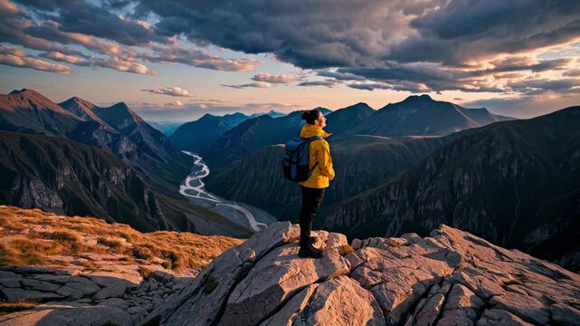 Traveler in yellow standing high on rocky summit above winding valley signifies accomplishment, freedom, perspective, progress, determination, realization