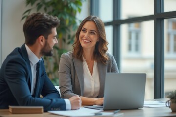 Fototapeta premium Happy businesswoman discussing by laptop with colleague in office