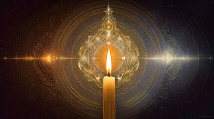 Intricate sacred geometry composition with burning candle and luminous detailed background