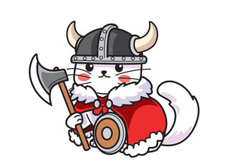 Adorable cat character wearing Viking helmet with horns, fur cape, and wielding an axe in a playful style