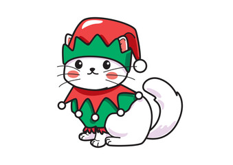 Festive cat character wearing a colorful Christmas elf outfit with bells and a hat in a cheerful cartoon style