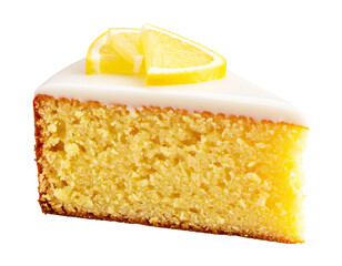 Slice of lemon sponge cake with frosting on transparent background